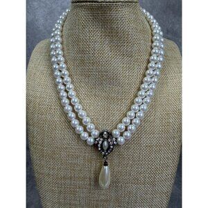 Vintage Double Strand Faux Pearl Teardrop Collar Necklace with Rhinestones